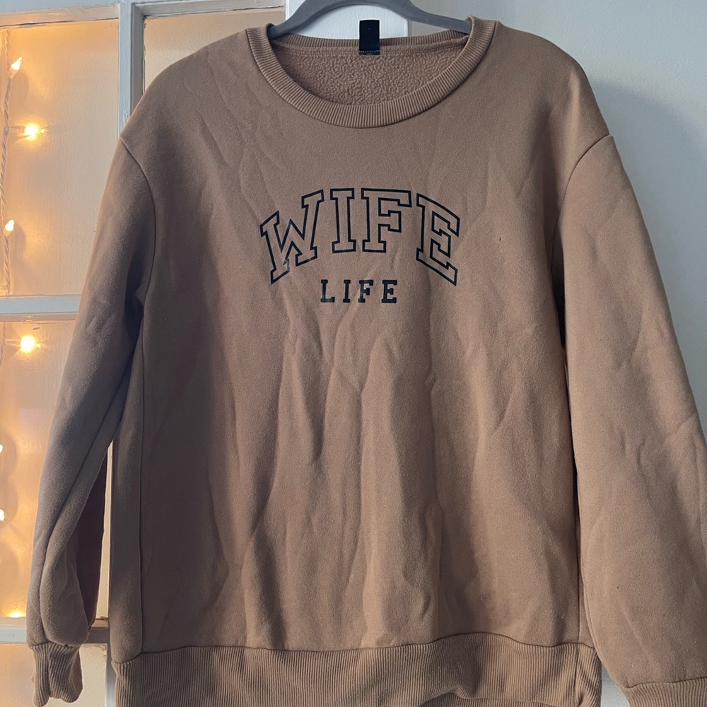 SHEIN Tan 'Wife Life' Crew Neck Sweater